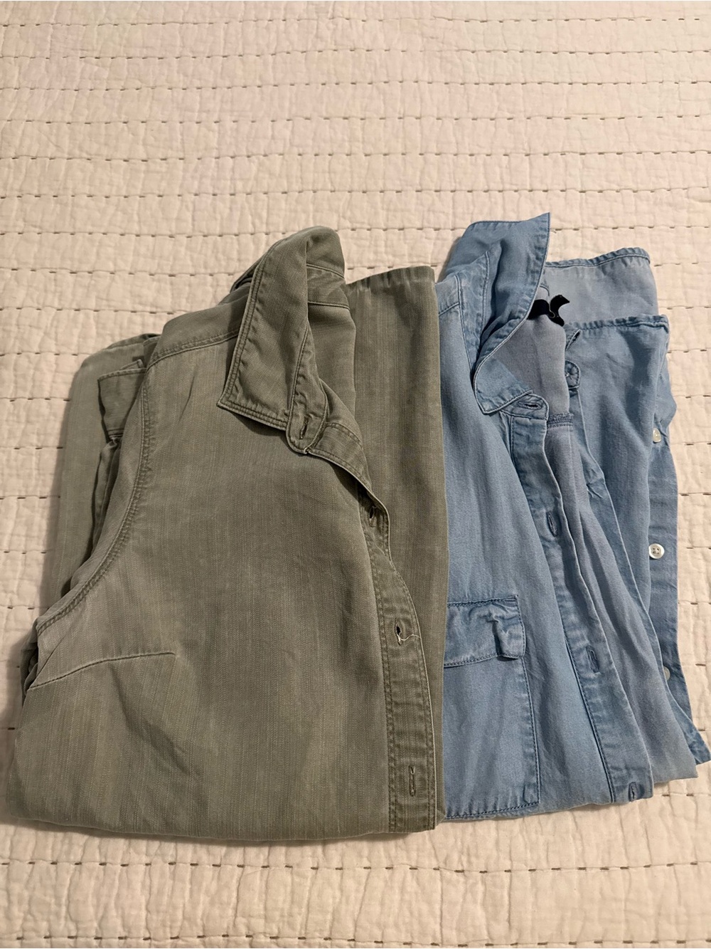 Lot of 2; Women’s Washed Green and Light Blue Button Down Shirts
